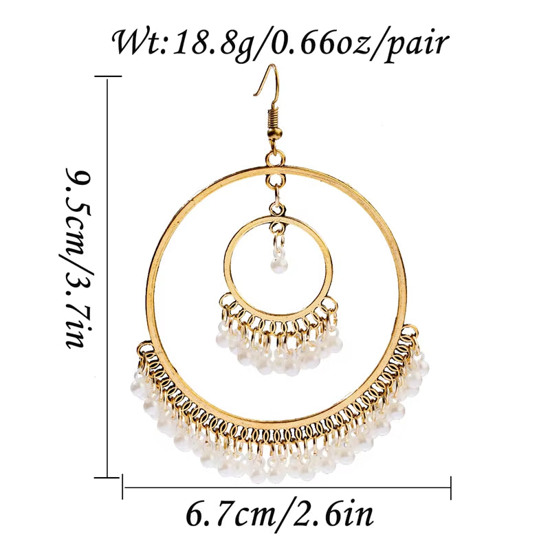 Women's Gold-Colored Large Round Indian Jhumka Earrings with Pearl Tassel Drop - Ethnic Gypsy Fashion Jewelry 2022
