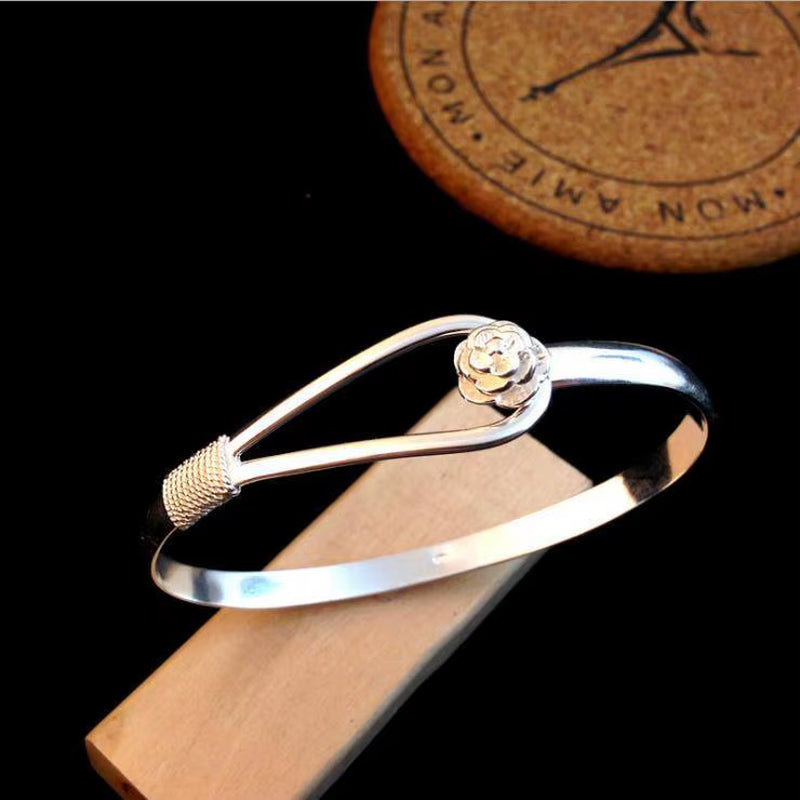 Elegant 925 Sterling Silver Flower Bangle Bracelet for Women - Adjustable Fashion Jewelry for Parties and Gifts