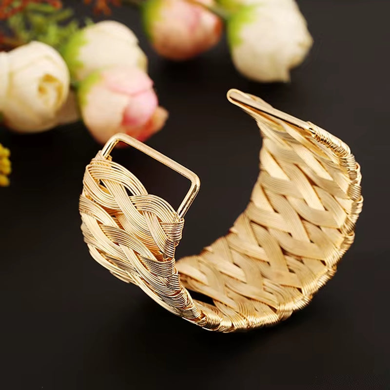 Punk-Inspired Cuff Bangles in Gold and Silver Metal Weave - Fashion Jewelry for Costumes and Apparel
