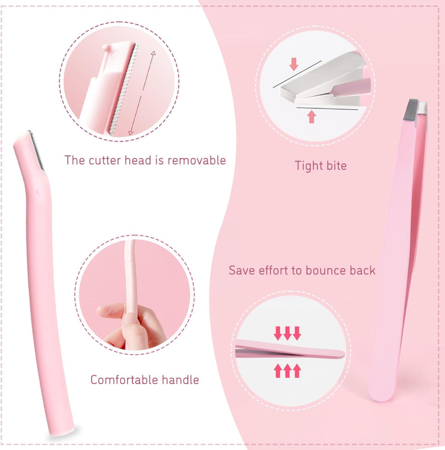 Professional Eyebrow Grooming Kit - Eyebrow Scissors, Comb, Razor, and Tweezers for Precision Shaping and Facial Hair Removal (Pink)