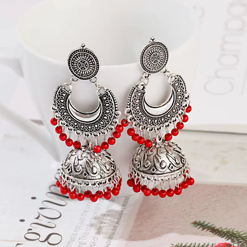 Retro Silver Turkish Jhumka Earrings with Bohemian Beads and Tassels for Women