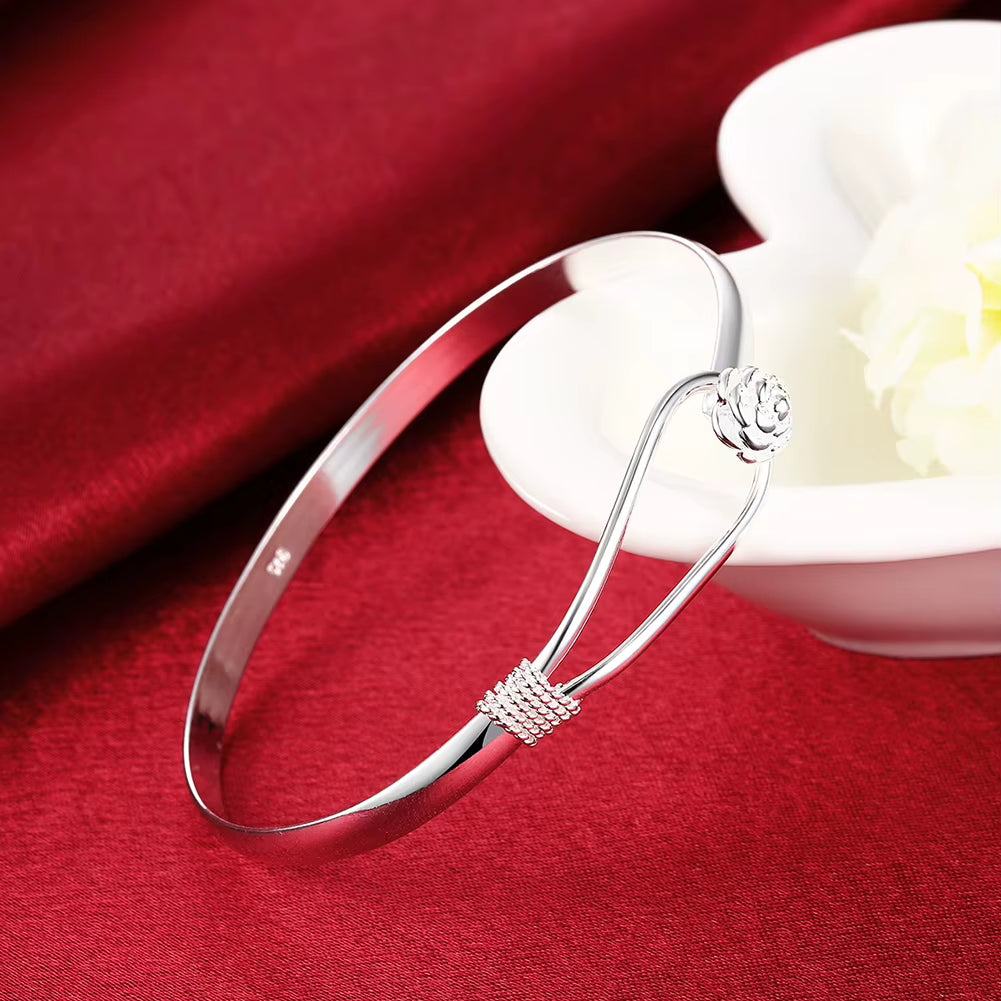 Elegant 925 Sterling Silver Flower Bangle Bracelet for Women - Adjustable Fashion Jewelry for Parties and Gifts