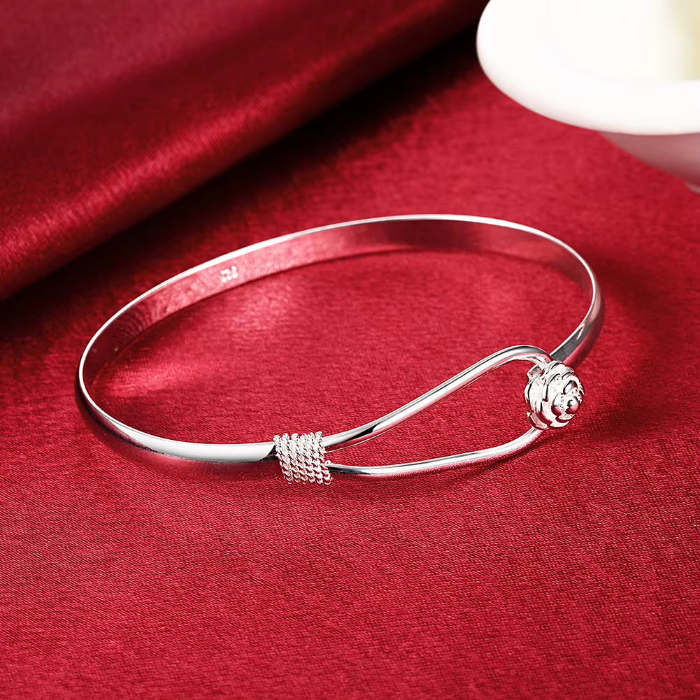 Elegant 925 Sterling Silver Flower Bangle Bracelet for Women - Adjustable Fashion Jewelry for Parties and Gifts