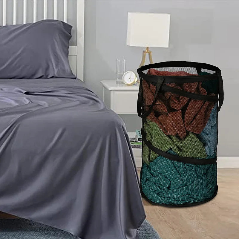 Cylindrical Mesh Yarn Laundry Basket for Efficient Clothes Storage - Large Capacity Home Organizer