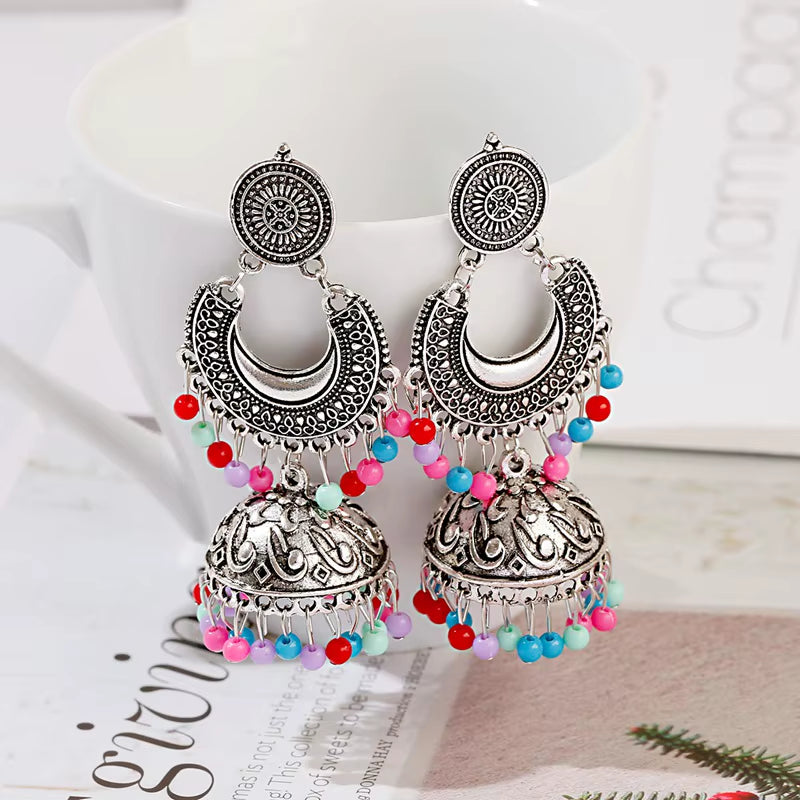 Retro Silver Turkish Jhumka Earrings with Bohemian Beads and Tassels for Women
