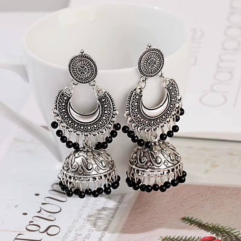 Retro Silver Turkish Jhumka Earrings with Bohemian Beads and Tassels for Women