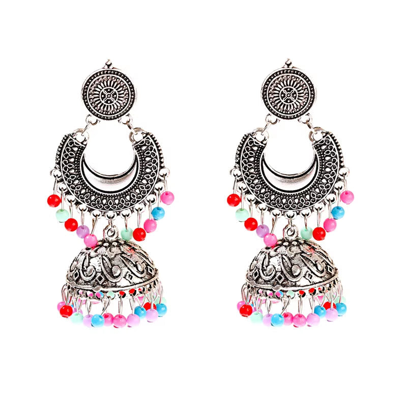 Retro Silver Turkish Jhumka Earrings with Bohemian Beads and Tassels for Women