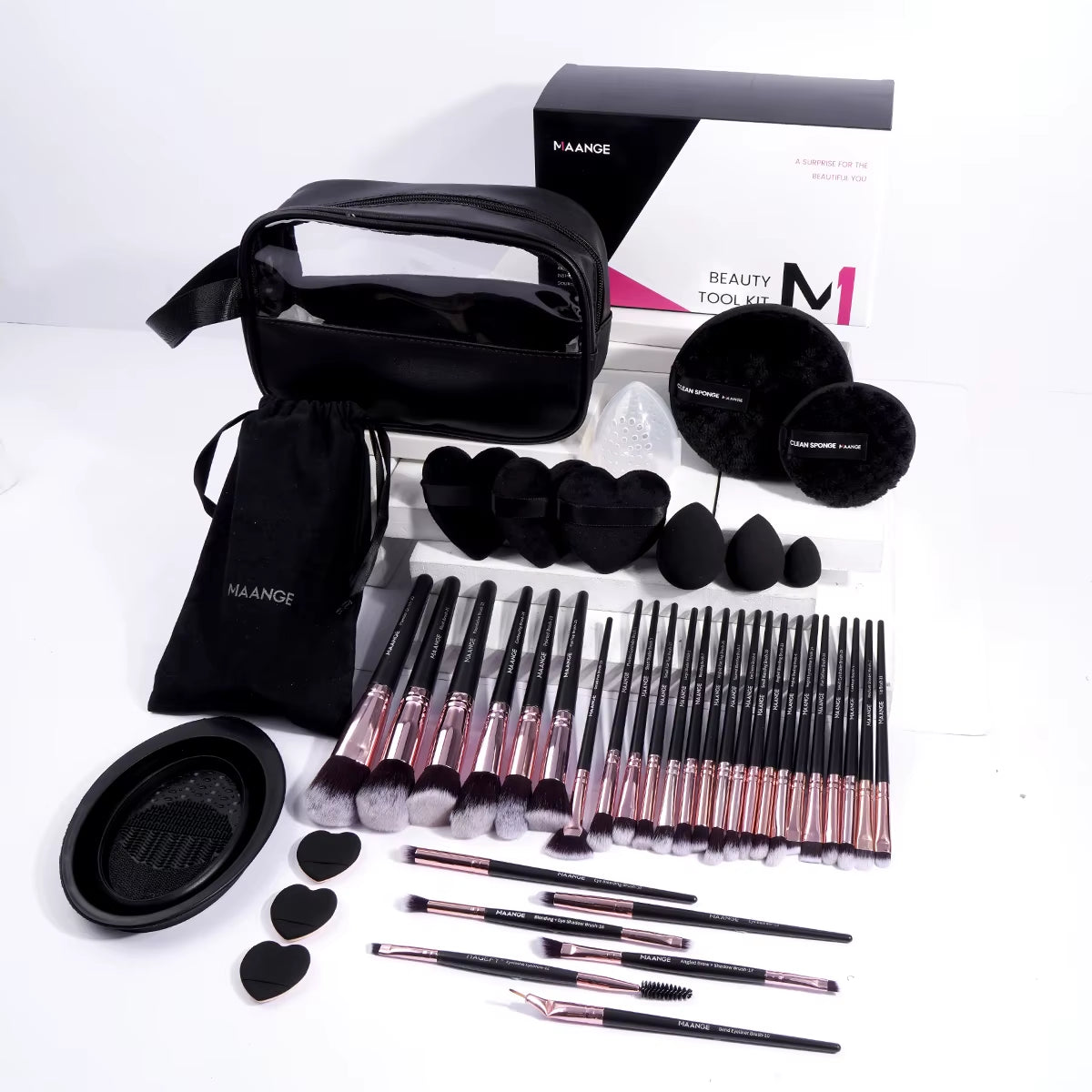 45-Piece Professional Makeup Brush Set with Velvet Bag and Makeup Sponges - Ideal for Travel and Beginners