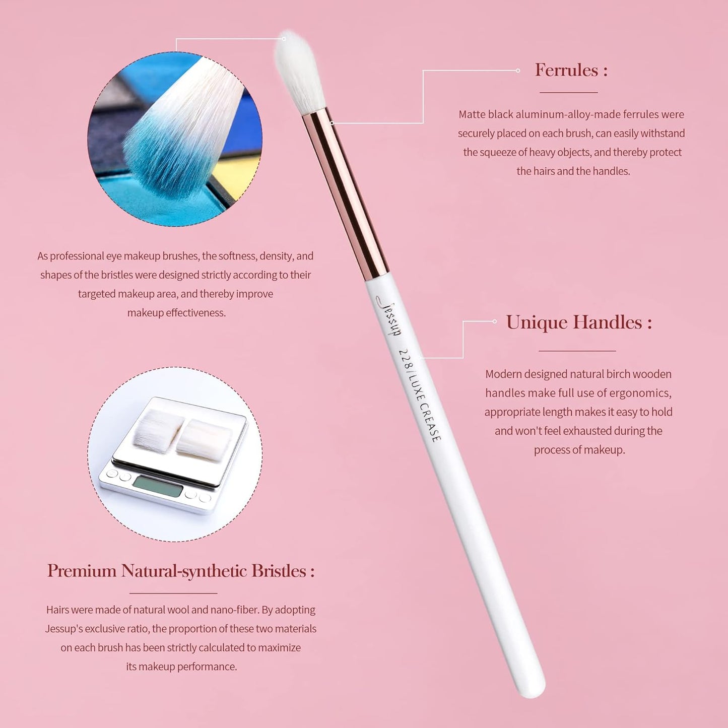 15-Piece Professional Makeup Brush Set with Wood Handles and Natural-Synthetic Hair - Pearl White/Rose Gold, T217