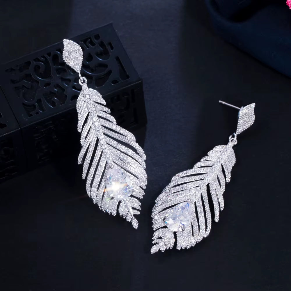 2023 Trend Designer Cubic Zirconia Long Dangle Feather Earrings for Women - Elegant Jewelry for Engagements, Parties, and Weddings - CZ977