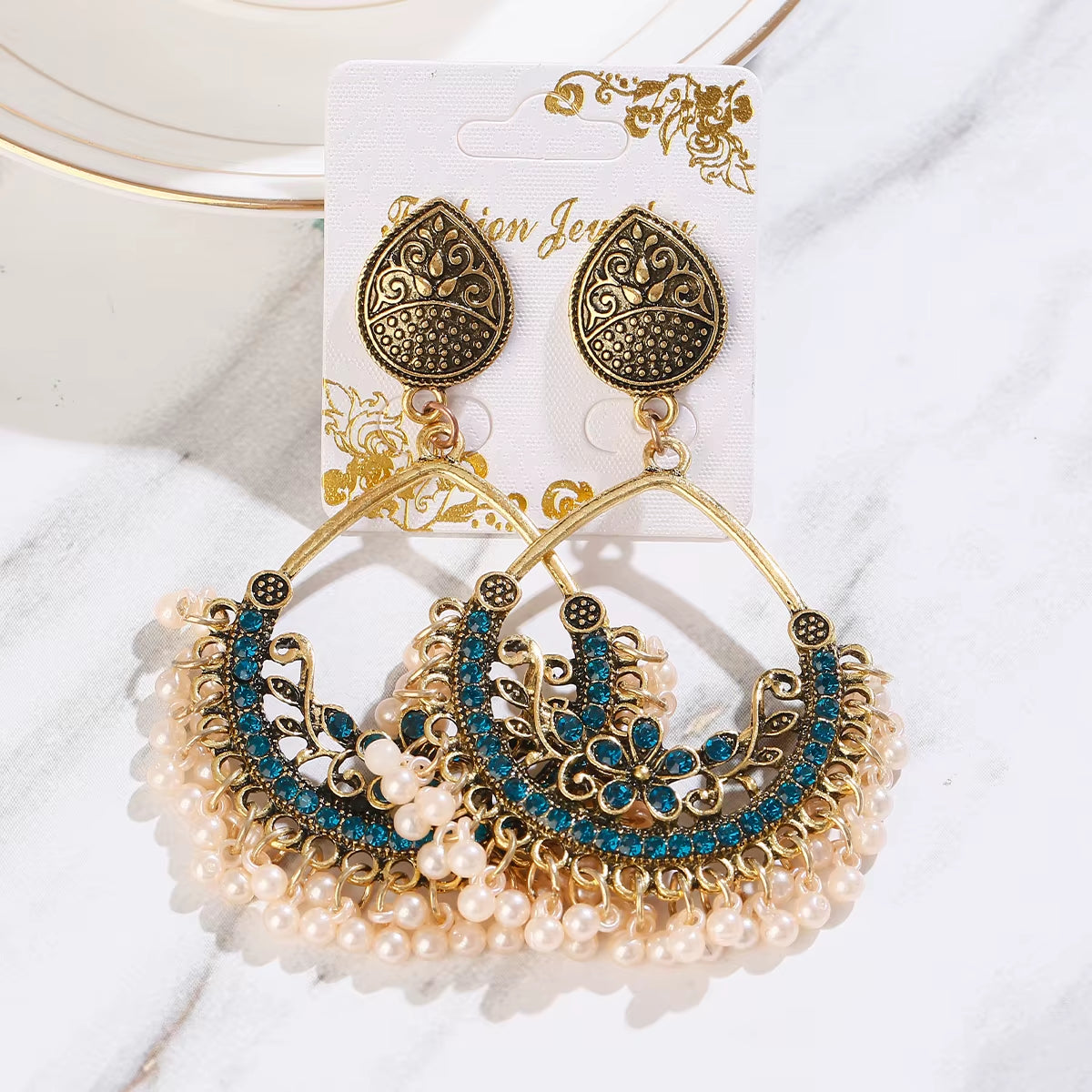 Women's Gold-Plated Large Round Indian Jhumka Earrings with Pearl Tassel Drop - Ethnic Gypsy Fashion Jewelry 2022