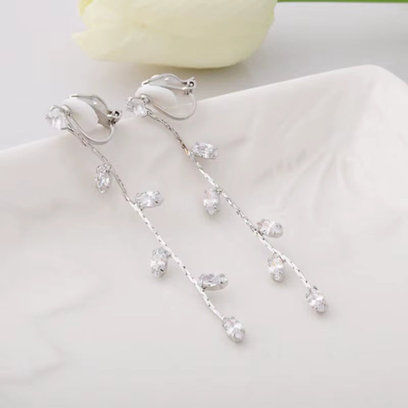 Luxury Clip-On Long Tassel Rhinestone Crystal Earrings for Women