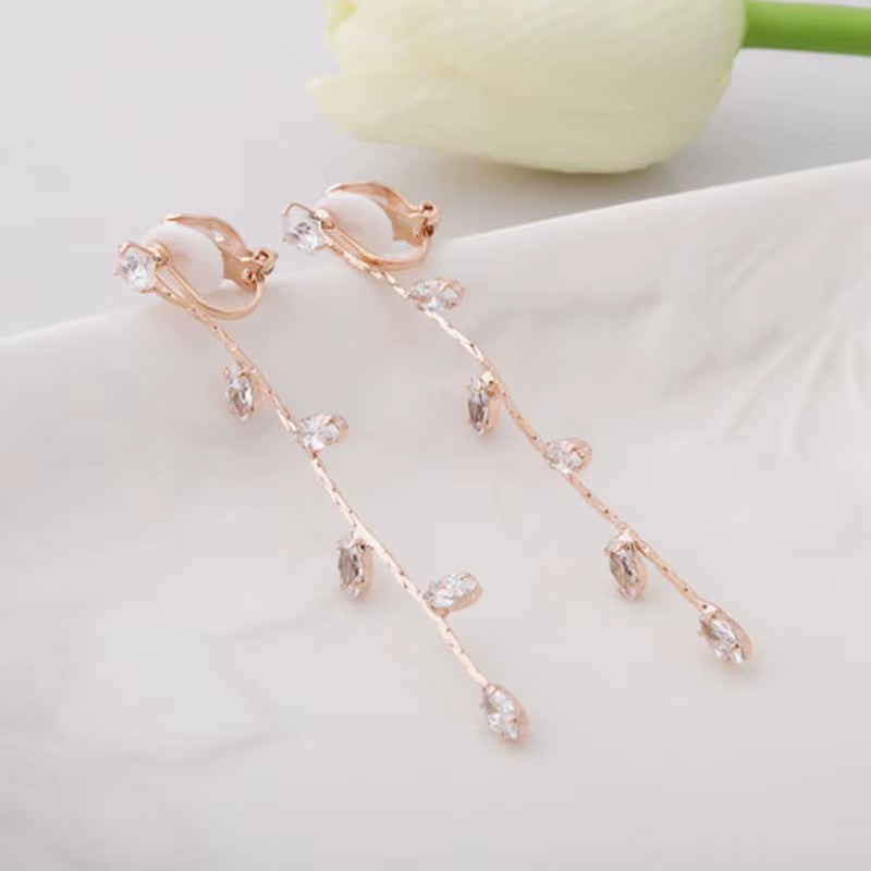 Luxury Clip-On Long Tassel Rhinestone Crystal Earrings for Women