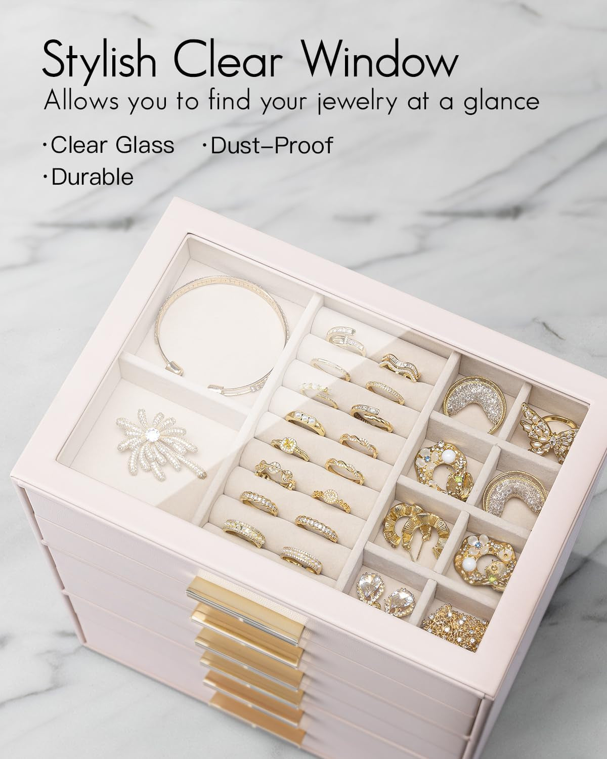 6-Layer Jewelry Organizer with Glass Lid and 6 Drawers for Necklaces, Rings, Earrings, and Bracelets - Pink
