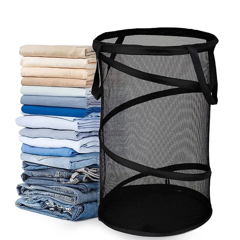 Cylindrical Mesh Yarn Laundry Basket for Efficient Clothes Storage - Large Capacity Home Organizer