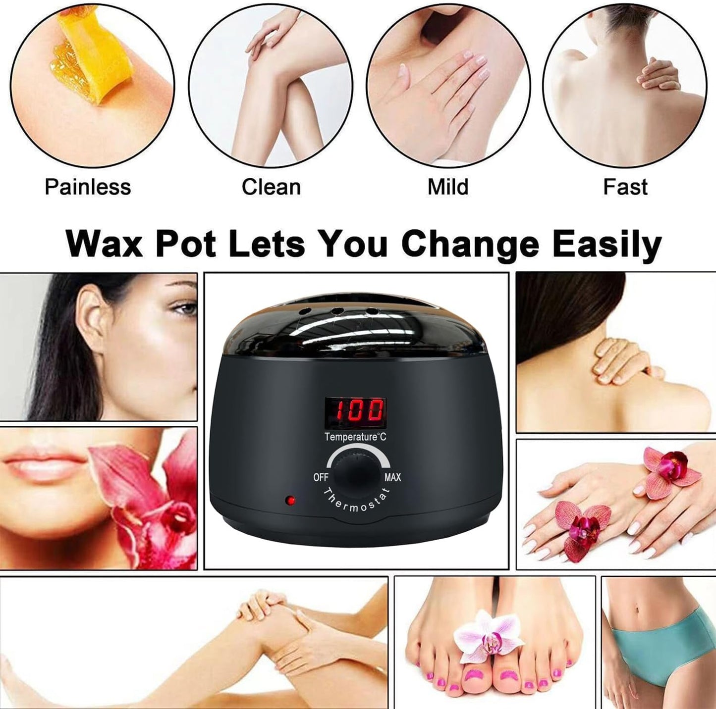 Professional Digital Waxing Kit - Advanced Hair Removal Solution for All Skin Types - Hard Wax Melt Warmer with Digital Display for Eyebrows, Face, Underarms, Brazilian, Bikini, and Legs