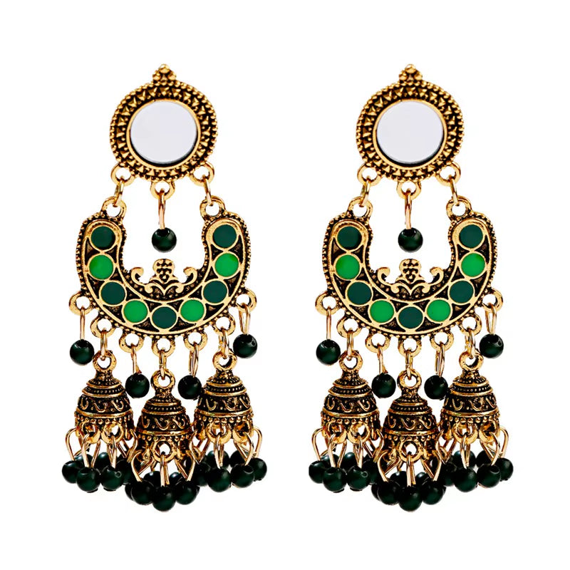 Retro Silver Turkish Jhumka Earrings with Bohemian Beads and Tassels for Women