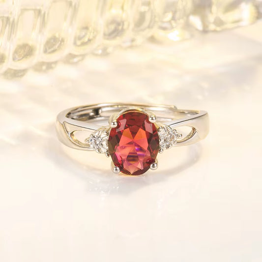 Elegant 925 Silver Ring Featuring Oval Ruby Zircon Gemstone for Women - Open Finger Design for Weddings, Events, and Special Occasions