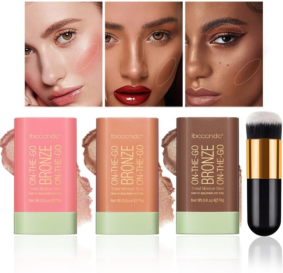 3-Piece Cream Contour Stick Set with Highlighter, Bronzer, and Blush for Cheeks and Lips - 3-in-1 Multi-Highlighter Makeup with Application Brush for Sculpting Cheeks, Long-Lasting Formula