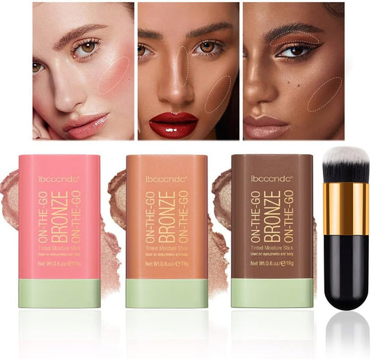 3-Piece Cream Contour Stick Set with Highlighter, Bronzer, and Blush for Cheeks and Lips - 3-in-1 Multi-Highlighter Makeup with Application Brush for Sculpting Cheeks, Long-Lasting Formula