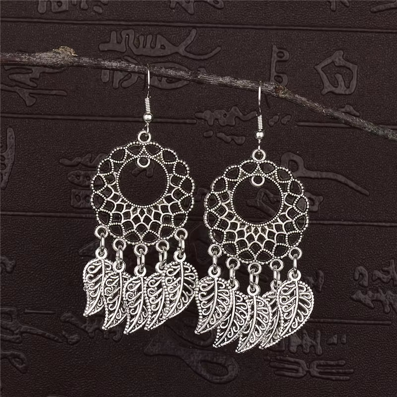 2019 Vintage Ethnic Round Alloy Tassel Hollow Drop Earrings for Women