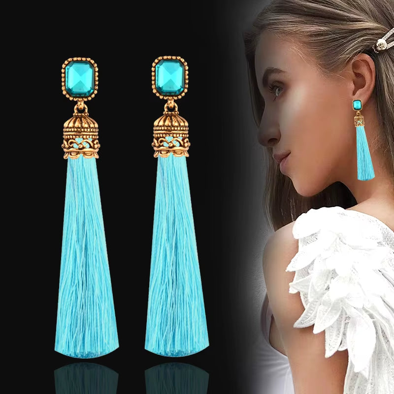 Women's Red and Black Square Cubic Zirconia Long Silk Tassel Earrings in Antique Gold - Bohemian Ethnic Jewelry