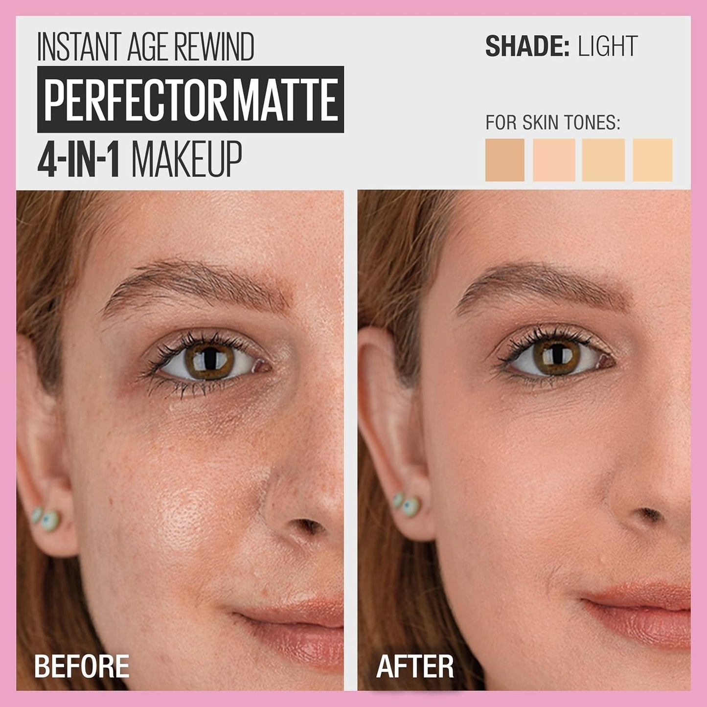 Maybelline Instant Age Rewind 4-In-1 Matte Makeup - Pore Blurring, Blemish Concealing, and Skin Tone Evening with Sheer Coverage, Light, 1 Fl Oz