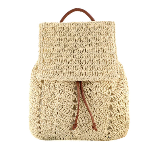 Woven Straw Shoulder Backpack for Women - Beach Holiday Bucket Purse Bag