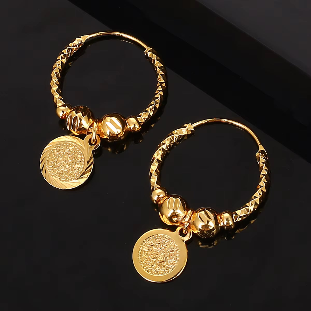 Ethiopian Gold-Colored Coin Bead Hoop Earrings