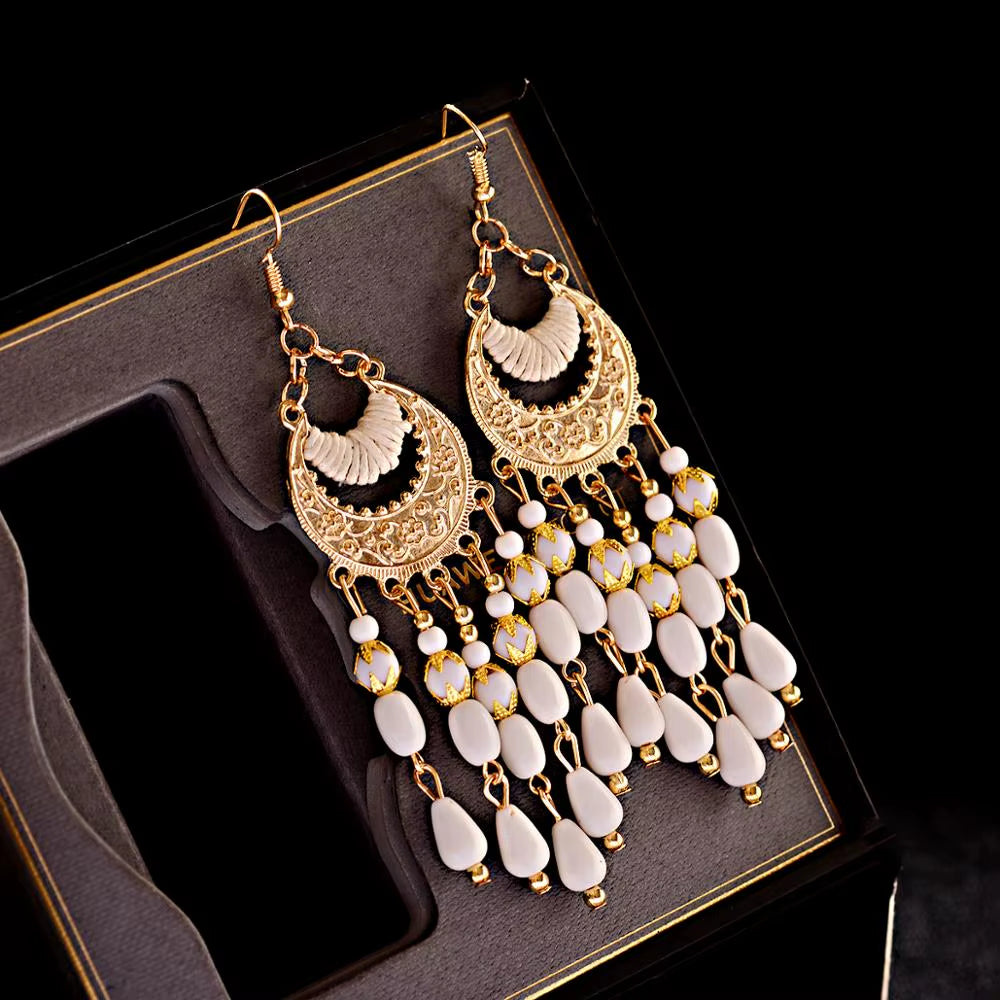 Retro Silver Turkish Jhumka Earrings with Bohemian Beads and Tassels for Women