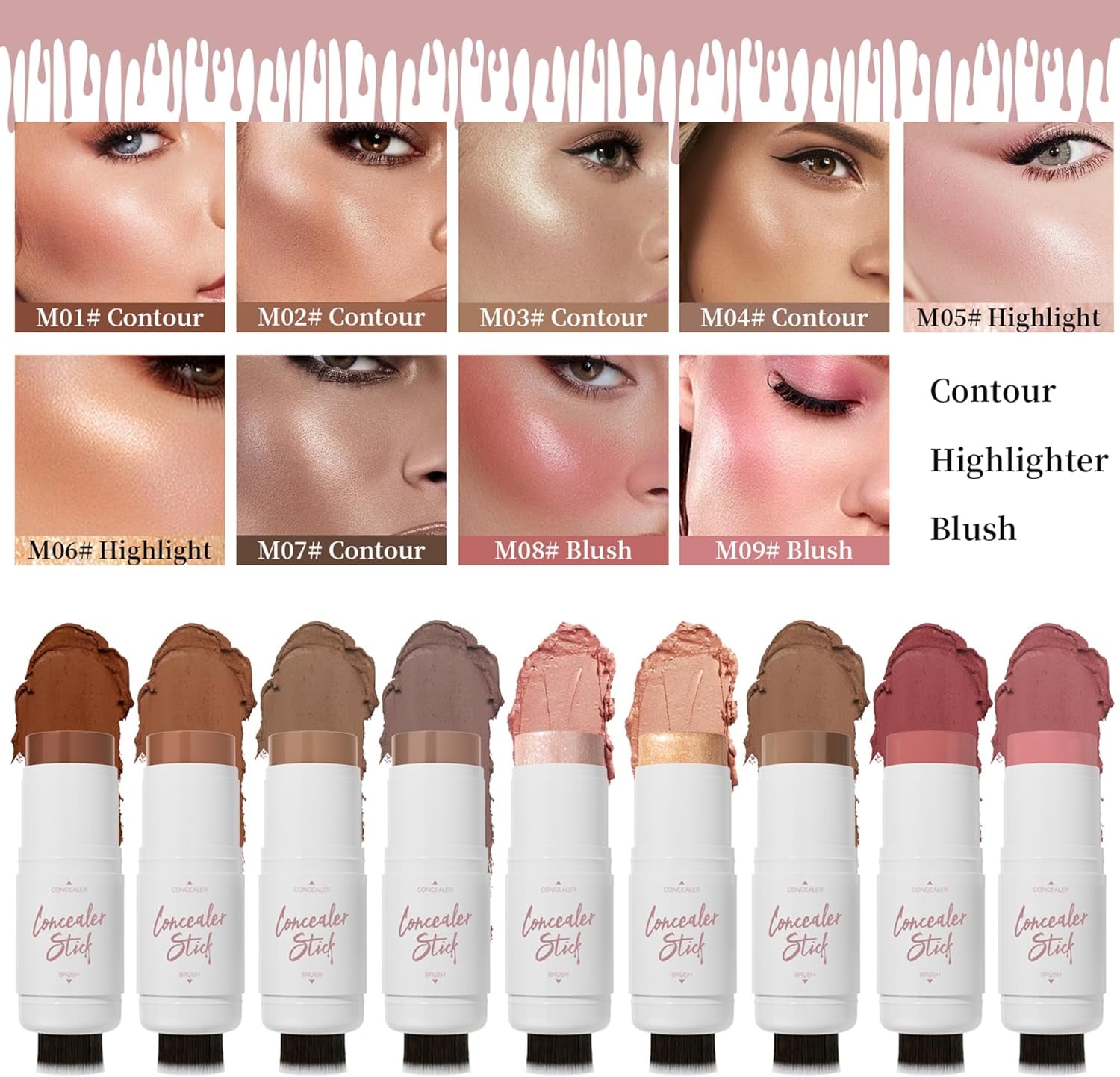 Dual-Ended Multi-Functional Contouring and Highlighting Blush Stick for Dimension Enhancement (M06#Highlight, 4G)