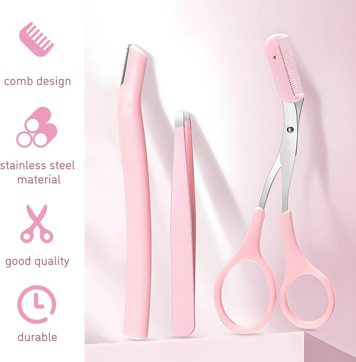 Professional Eyebrow Grooming Kit - Eyebrow Scissors, Comb, Razor, and Tweezers for Precision Shaping and Facial Hair Removal (Pink)