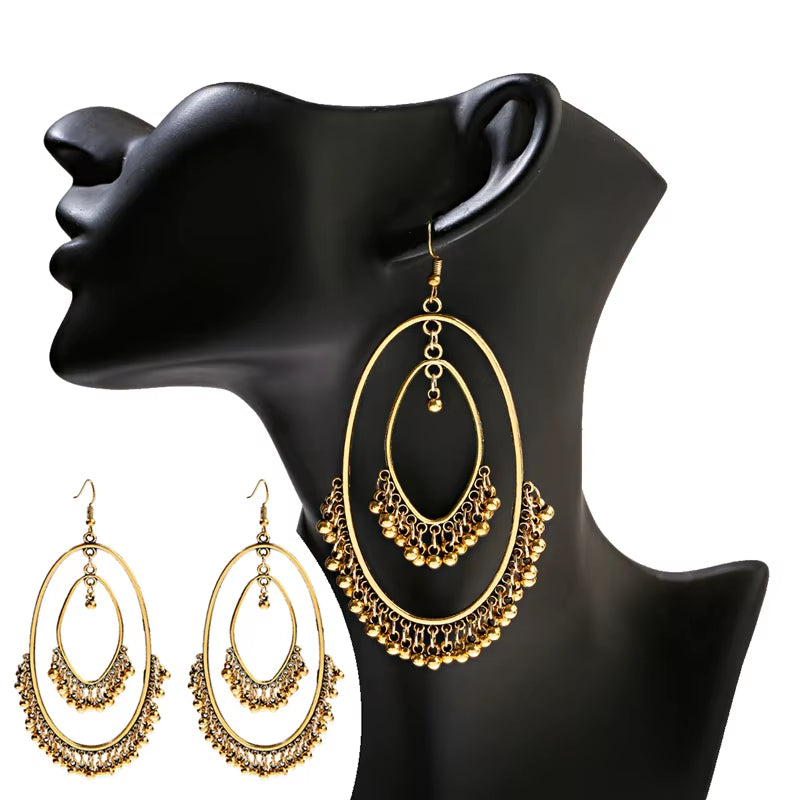 Women's Gold-Colored Large Round Indian Jhumka Earrings with Pearl Tassel Drop - Ethnic Gypsy Fashion Jewelry 2022