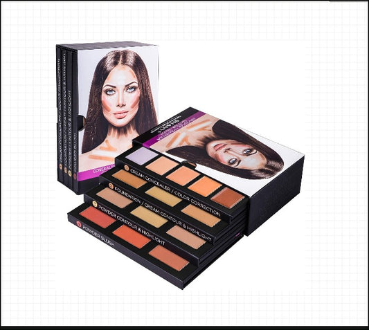 4-Layer Contour and Highlight Makeup Collection - Includes Concealer, Color Corrector, Foundation, Contour/Highlight, and Blush Palettes