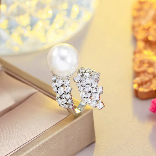 Pera Precious Adjustable White Pearl and Cubic Zirconia Women's Ring - Luxury Designer Jewelry for Special Occasions R107