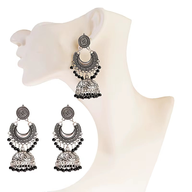 Retro Silver Turkish Jhumka Earrings with Bohemian Beads and Tassels for Women