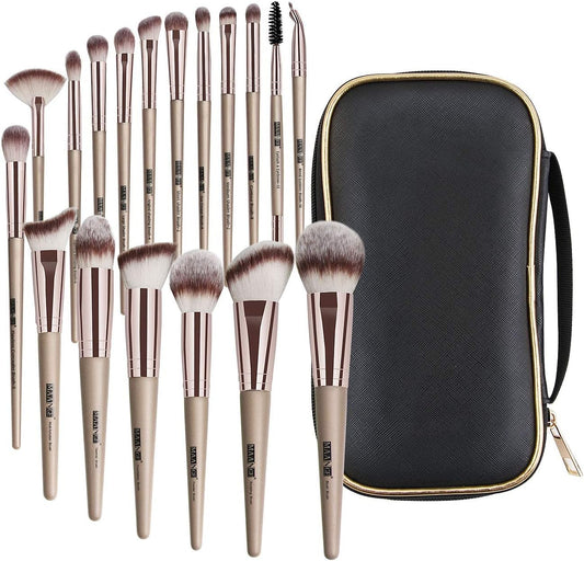 18-Piece Professional Premium Synthetic Makeup Brush Set with Case - Foundation, Kabuki, and Eye Brushes in Champagne Gold