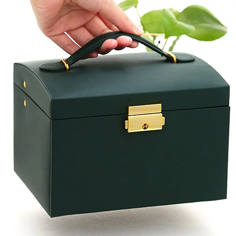 Multi-Functional Three-Layer Leather Jewelry Box with Lock for Earrings and Accessories