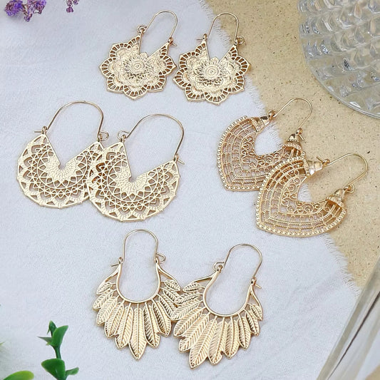 Vintage Ethnic Peach Heart Flower Leaf Dangle Earrings for Women in Gold Color - Hollow Carved Huggies Indian Jhumka Jewelry