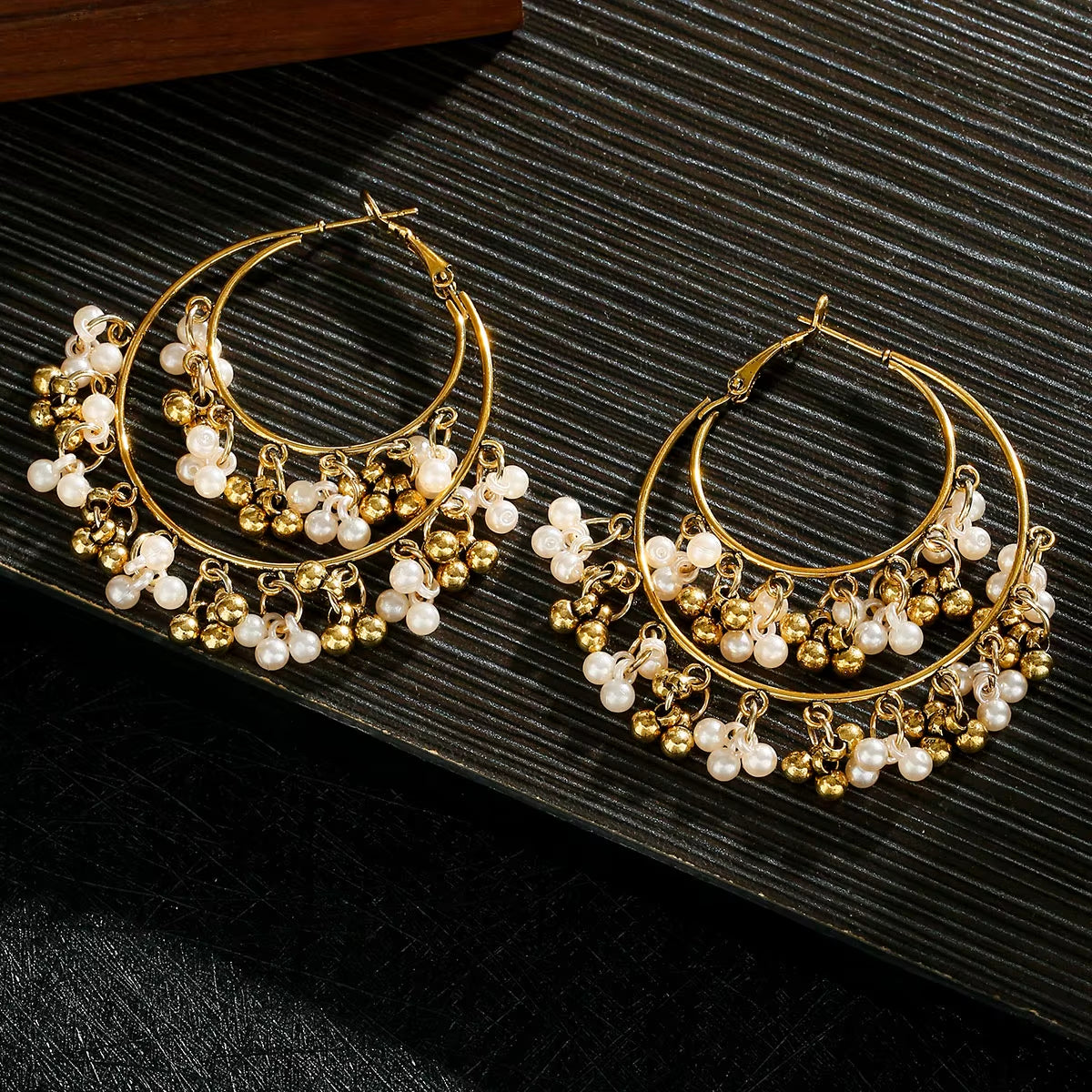 Classic Retro Gold Alloy Round Pearl Bead Tassel Earrings for Women - Bohemian Jhumka Indian Jewelry