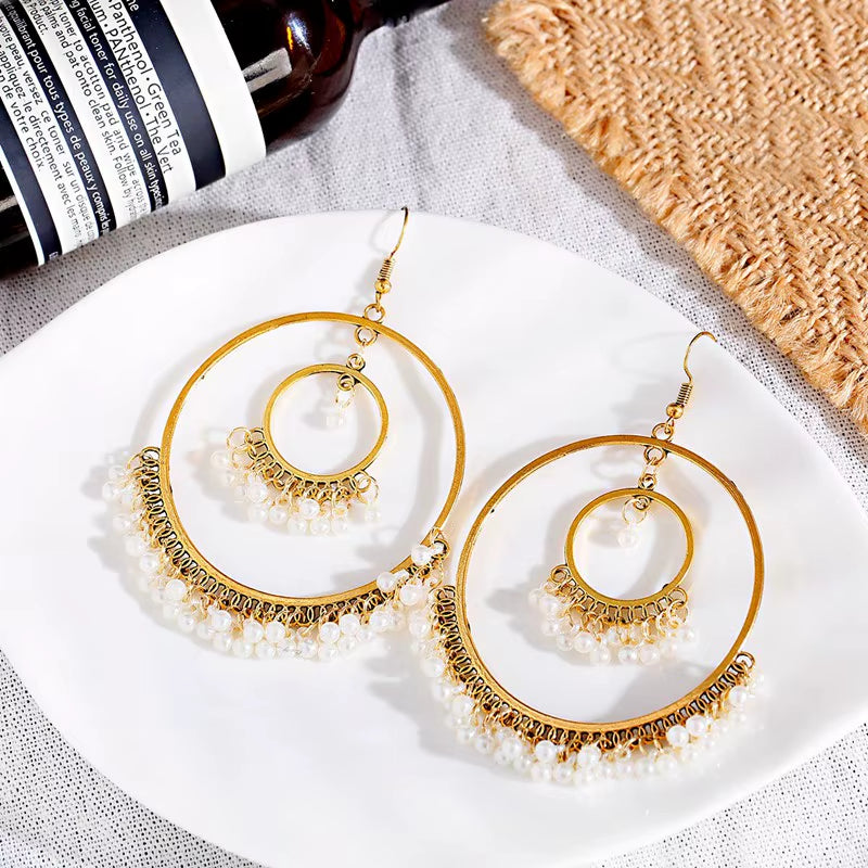 Women's Gold-Colored Large Round Indian Jhumka Earrings with Pearl Tassel Drop - Ethnic Gypsy Fashion Jewelry 2022