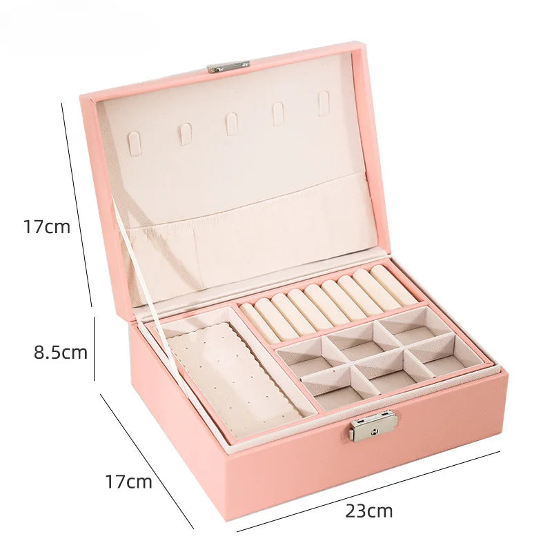 Double-Layer Wooden Jewelry Box with PU Leather Organizer for Rings and Makeup Storage