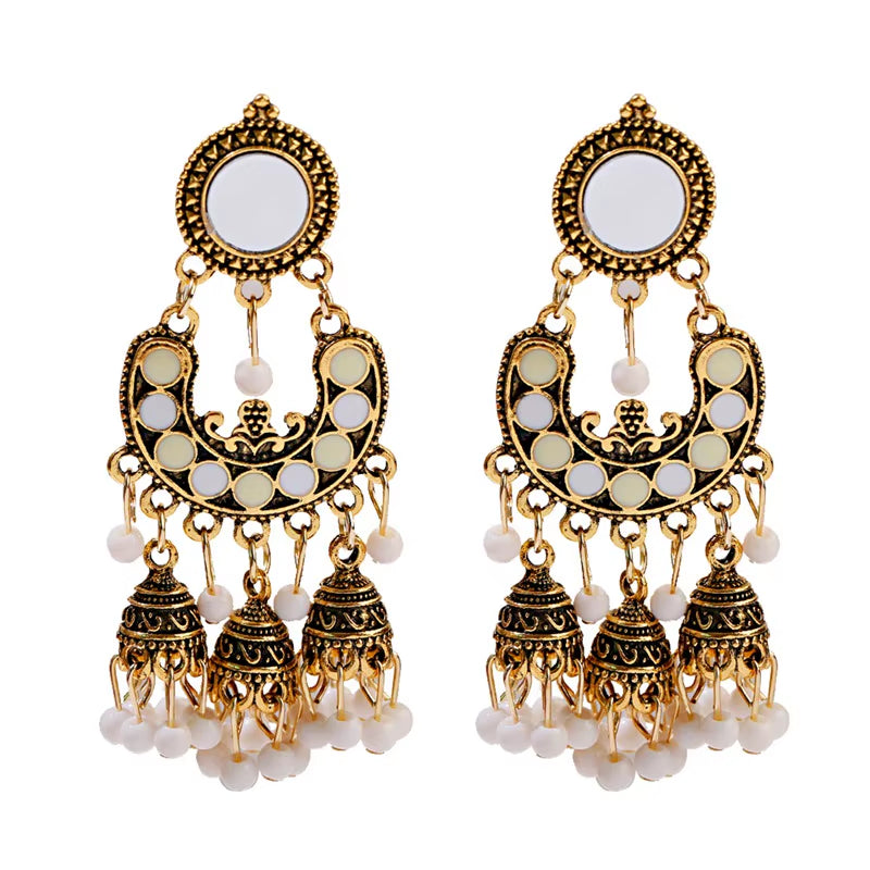 Retro Silver Turkish Jhumka Earrings with Bohemian Beads and Tassels for Women