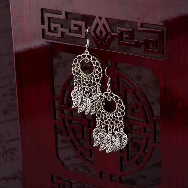 2019 Vintage Ethnic Round Alloy Tassel Hollow Drop Earrings for Women