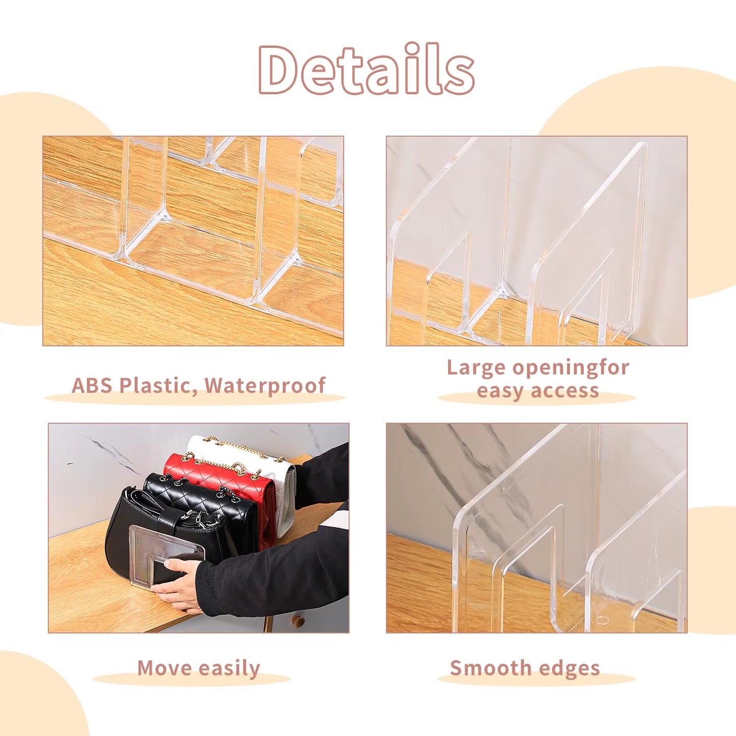 Clear Plastic Handbag Organizer with 4 Sections - 32x13x14.5cm Closet Shelf Divider and Display Stand