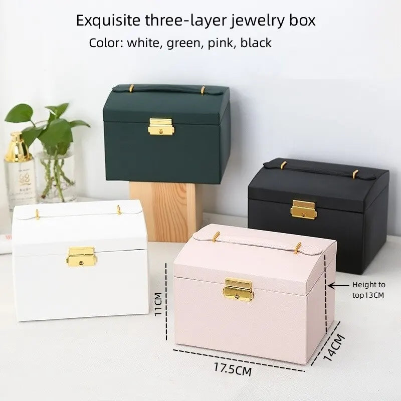 Multi-Functional Three-Layer Leather Jewelry Box with Lock for Earrings and Accessories