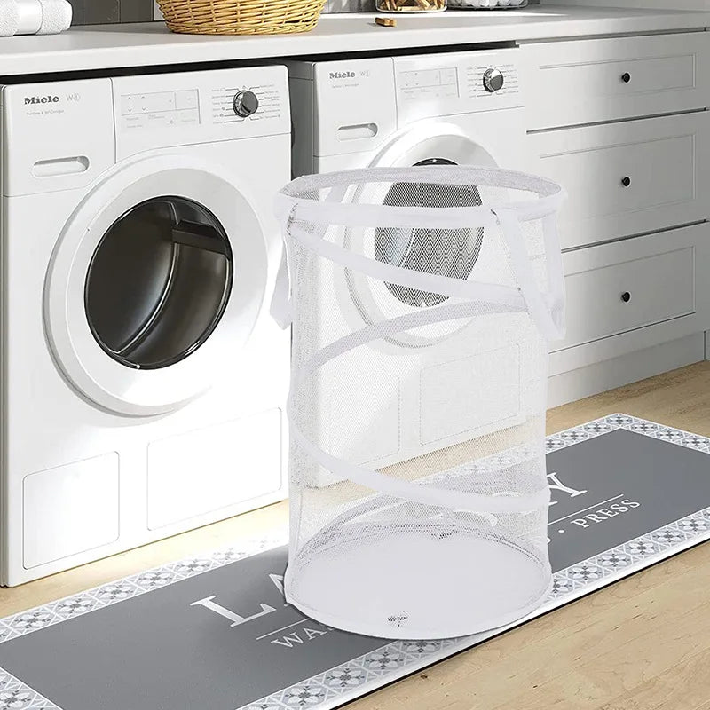 Cylindrical Mesh Yarn Laundry Basket for Efficient Clothes Storage - Large Capacity Home Organizer