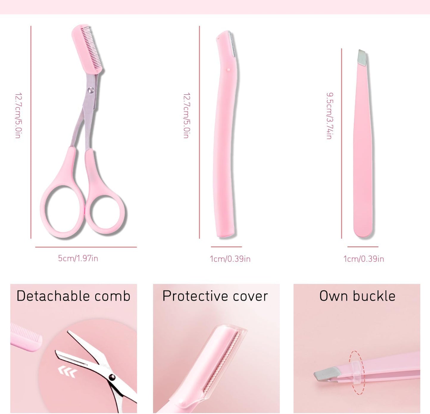 Professional Eyebrow Grooming Kit - Eyebrow Scissors, Comb, Razor, and Tweezers for Precision Shaping and Facial Hair Removal (Pink)