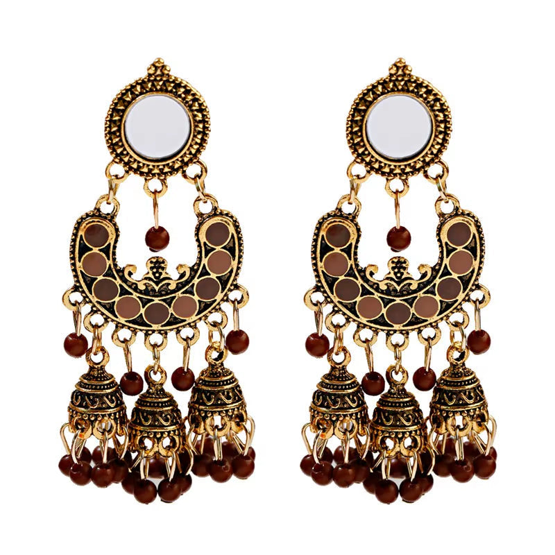 Retro Silver Turkish Jhumka Earrings with Bohemian Beads and Tassels for Women