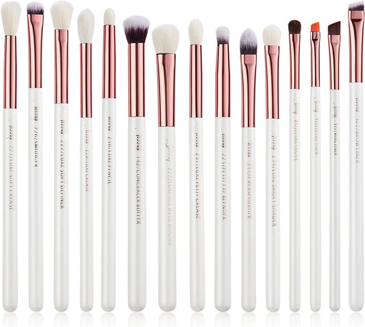 15-Piece Professional Makeup Brush Set with Wood Handles and Natural-Synthetic Hair - Pearl White/Rose Gold, T217